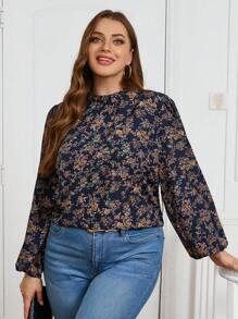 SHEIN Clasi Curvy Plus Size 女式海军蓝休闲立领荷叶小碎花灯笼袖长袖衬衫，适合秋冬季日常居家、圣诞节、新年 - 彩色 - 查看 7