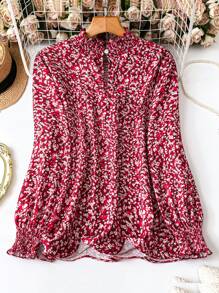 SHEIN Clasi 大码女式节日风格碎花褶皱立领灯笼袖衬衫，春秋季新年服装 - 紅色 - 查看 2