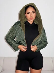 Zolique Army Green Patchwork Plush Padded Padded Coat For Ladies, Winter Clothes - Army Green - View 4