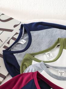 SHEIN 年轻男孩纯色拼色圆领长袖休闲 T 恤