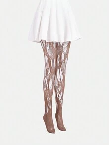 SHEIN BAE 1 Cặp quần tất hở chân màu nâu rách, dễ thương, gợi cảm, họa tiết cơ bản, lưới, dành cho nữ, quần tất và tất mỏng không đối xứng, thích hợp mặc thường ngày, đi hộp đêm, dự tiệc - màu nâu - Xem 7