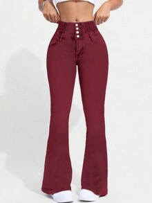 (Cotton Blend) Women Single Button Down Waist Fitted Stretch Denim Flare Pants - Red - View 3