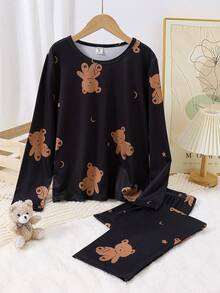 SHEIN 2 件套女童休闲舒适圆领可爱熊印花长袖上衣和裤子家居服套装 - 黑色 - 查看 3