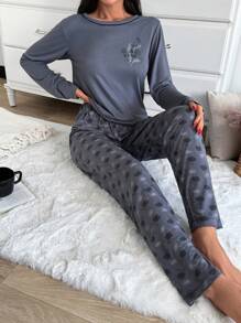 RueChic 2pcs Cotton Contrast Colour Piping&Flower Print Detail Shirt And Flower Pattern PJ Set - Dark Grey - View 5