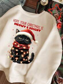 SHEIN Leap Crew Tween Girl Casual Minimalist Loose Cute Black Cat Graphic Print Crew Neck Thick Sweatshirt Suitable For Autumn And Winter, For Christmas - Beige - View 4