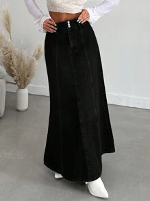 EURMUSE Casual Solid Color Long Denim Skirt, Autumn - Black - View 4