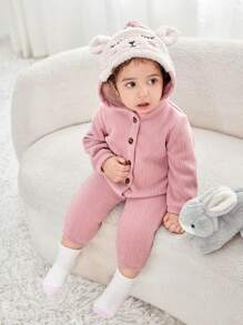 SHEIN Mameluco lindo de pana con estampado de dibujos animados y forro cálido para otoño/invierno para bebés niñas - Rosa - Ver 3