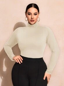 SHEIN SXY Plus Size Solid Color Slim Fit High-Necked Long Sleeve All-Match T-Shirt Basic Tees Fall - Beige - View 6