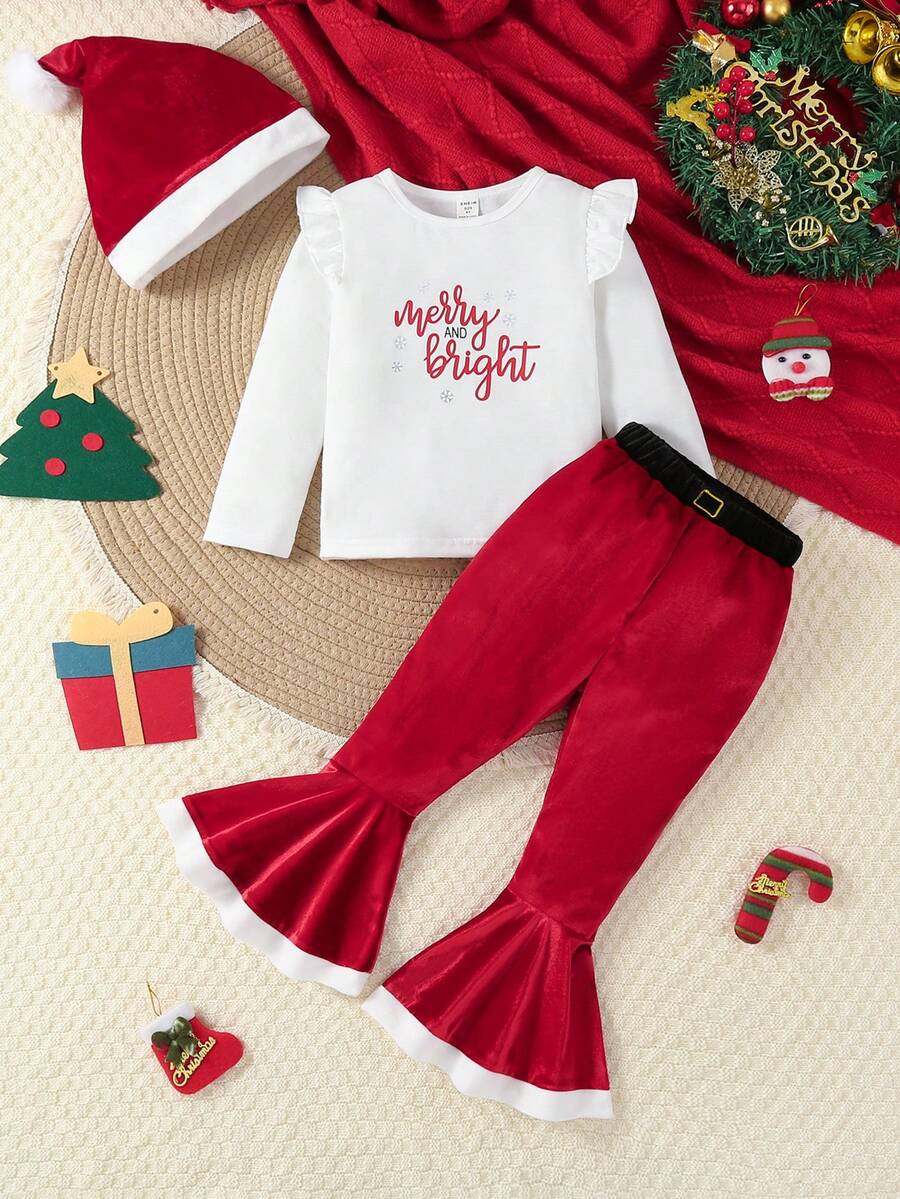 SHEIN Conjunto de pijama navideño para niñas - Camisa de manga corta con estampado de letras navideñas + Pantalones acampanados con volantes a juego y gorro de Papá Noel, apto para fiestas navideñas, otoño/invierno - Rojo y blanco - Ver 1
