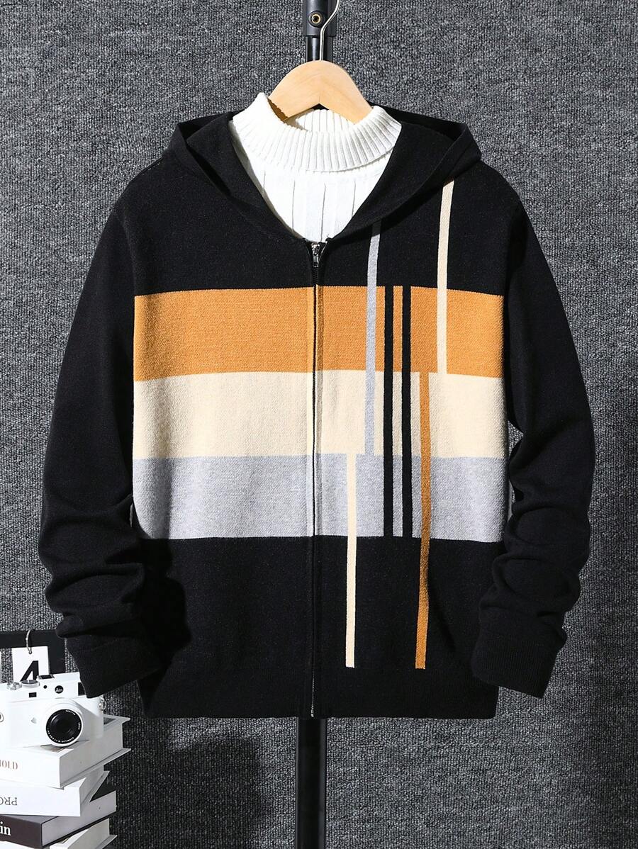 Teen Boy Striped Long Sleeve Zip-Up Hoodie, Loose Fit For Casual Wear, Outings, Vacations, Holidays, Family Gatherings, Party Wear, Versatile