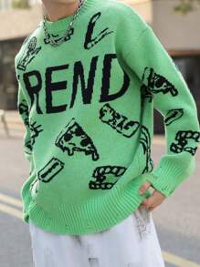 Manfinity EMRG Men's Casual Contrast Pattern Round Neck Green Graphic Color Block Pullover Long Sleeve Sweater, Autumn/Winter, For Going Out, Friends