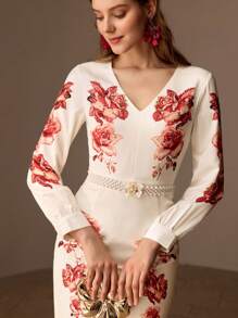 MOTF Vestido midi de corte slim con estampado floral, cuello en V y detalles de rhinestones, sin cinturón - Multicolor - Ver 3