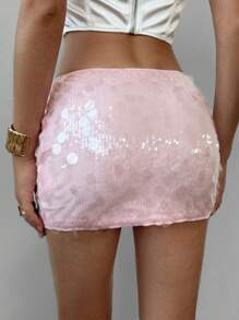 Aloruh Pink Sequin Patchwork High Slit Mini Bodycon Skirt - Pink - View 2