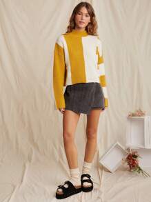 WESTFADE 春季双色拼色条纹立领长袖宽松针织毛衣 - 彩色 - 查看 6