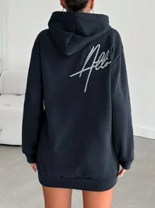 RueChic Áo hoodie lót nhiệt thêu chữ vai trễ 95% cotton - Màu xanh hải quân - Xem 3
