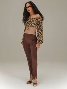 SHEIN Unity Solid Colour Pintuck Front Trousers With Split Hem New Year Fall Cloth For Women - Coffee Brown - View 5