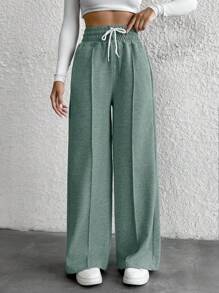 Cottnline Petite Drawstring Waist Wide Leg Pants - Mint Green - View 4