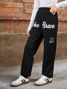 SHEIN Tween Girl Letter & Number Print Elastic Waist Casual Jogger Pants - Black - View 4