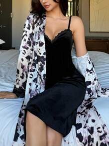 DAZY 2pcs Satin Leopard Print Pajama Set, Including Slip Nightgown And Robe - Black and White - View 3
