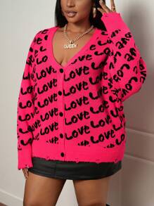 Slaydiva Casual Basic Daily V-Neck Long Sleeve LOVE Print Colorblock Knit Cardigan Sweater, Autumn/Winter - Multicolor - View 8