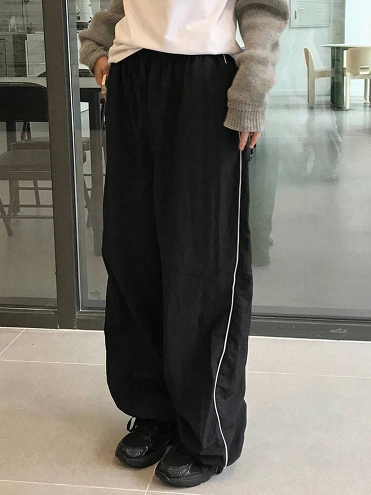 Women Loose Patchwork Color Block Trim Pockets Casual Pants