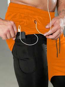 Manfinity Fitness Boyfriend Style Men Drawstring Waist Pocket 2 In 1 Casual Fitness Sports Pants Sweat Pants - Orange - View 4