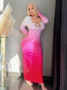 SHEIN SXY Rochie de damă cu mânecă lungă, cu mânecă lungă, cu spatele deschis, cu imprimeu degradat, cu legături, potrivită pentru toamnă/iarnă - Multicolor - Vizualizare 5