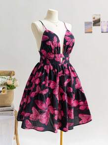 Soleia 大码女式度假黑色打底粉色蝴蝶深 V 领露背细肩带连衣裙，冬季女装 - 彩色 - 查看 6