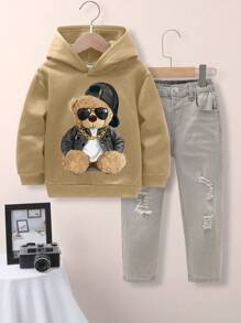 SHEIN Leap Crew 2 件套年轻男孩休闲可爱熊带太阳镜图案印花长款宽松连帽衫和牛仔裤套装，适合秋冬季 - 彩色 - 查看 2