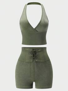 1pc Women Body Shaper Set (Seamless Denim Effect Racerback Soft And Comfortable Skin-Friendly Camisole + Seamless Denim Effect High Stretch Soft And Comfortable Skin-Friendly Shaping Boy Shorts)