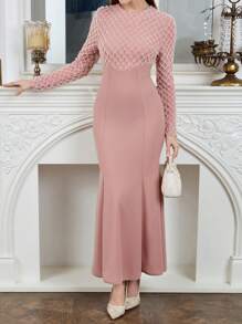 Modelyn 紧身性感长袖毛茸茸拼布紧身连衣裙女士长款晚礼服 - 粉色 - 查看 1