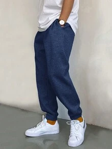 EURMUSE Cotton Men Slogan Graphic Drawstring Waist Sweatpants - Navy Blue - View 5