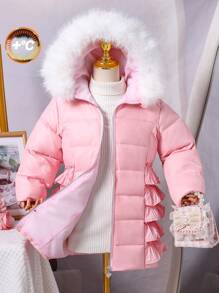 Young Girl Pink Fur Trim Hooded Multi-Layer Ruffle Hem Padded Jacket - Baby Pink - View 8