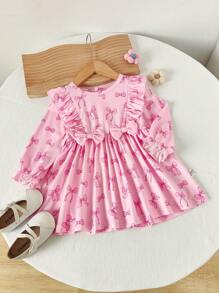 SHEIN Baby Girl Infant Autumn/Winter Casual Cute Basic Outing Round Neck Pullover Long Sleeve Soft Knit Fabric Heart & Bow Pattern Long Sleeve Dress Pink - Pink - View 6