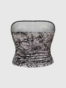 ROMWE Grunge Punk 复古黑暗吸血鬼哥特式水钻装饰翼印花褶皱性感大码女式抹胸，适合夏季 - 彩色 - 查看 2