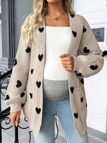 SHEIN Maternity Heart Pattern Drop Shoulder Long Sleeve Pocket Open Front Casual Knit Cardigan, Autumn/Winter