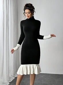 SHEIN Unity Robe longue en maille à col roulé de style français, ajustée à la taille, coupe slim, pour l'automne/l'hiver - Noir - Voir 4