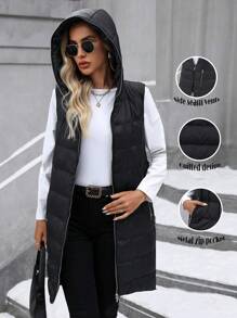 SHEIN Clasi Women's Plain Color Zipper Front Long Hooded Casual Padded Padded Coat, Winter Clothes - Black - View 1