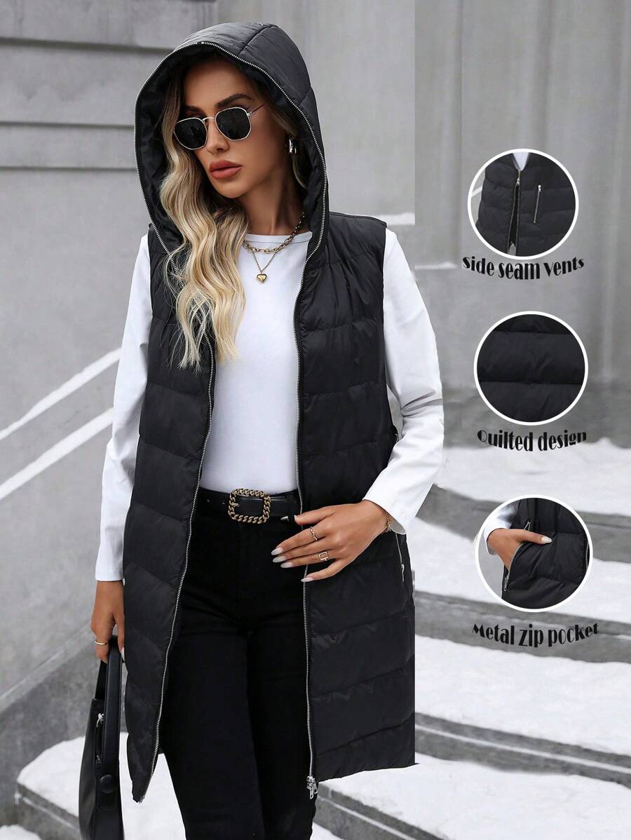 SHEIN Clasi Women's Plain Color Zipper Front Long Hooded Casual Padded Padded Coat, Winter Clothes - Black - View 1