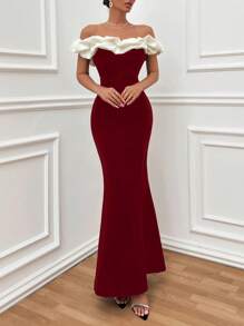EURMUSE Two Tones Off Shoulder Ruffle Trim Bodycon Dress, Elegant Dress Dinner Date Red And White Summer - Burgundy - View 6