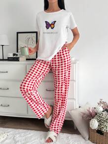 RueChic 2pcs Cotton Oversize Butterfly Printed Shirt And Contrast Colour Plaid Printed Long Bottom Lounge Set - White - View 3