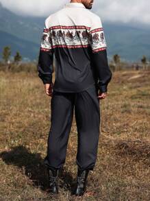 Manfinity Nomadique Men's Western Cowboy Casual Vacation Wild Horse Print Black Khaki Color Block Long Sleeve Shirt & Pants Suit, Men Clothes, Long Sleeve Men Button Up Vintage Shirts & Pants, Men Two Pieces Outfits - Multicolor - View 8