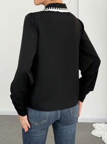SHEIN Unity 女士优雅拼色领扣式长袖衬衫 - 黑色 - 查看 2