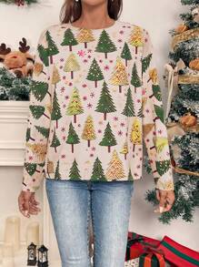 Chiquease Women's Christmas Tree Print Crew Neck Long Sleeve Sweater Knit Pullover Fall Winter Outfit - Multicolor - View 5