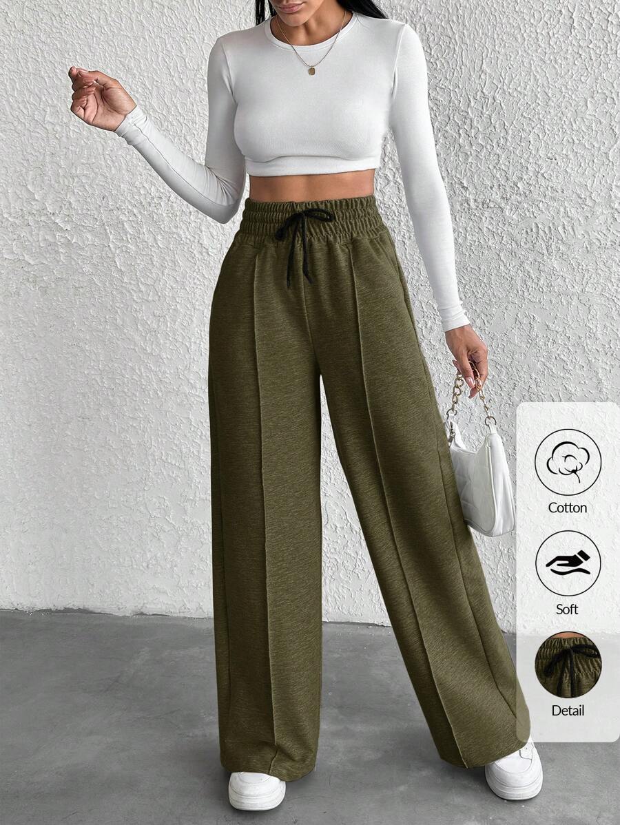 Cottnline Cotton Petite Drawstring Waist Wide Leg Pants - Army Green - View 1