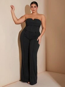 SHEIN BAE Plus Size Curve Elegant Black And White Striped Corset Tops, Summer Open Back Tanktop For Night ,Casual Commuting Crop Fall Clothes - Black - View 3