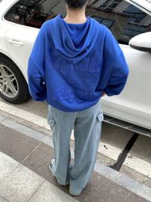 SHEIN Oversized Teen Girl Sweatshirt With Embossed Slogan Pattern & Pouch Pocket, Navy Blue, Fashion Forward Ideal For Winter - Blue - View 5