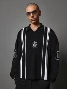 SUMWON Varsity Knit Pullover Sweatshirt Retro Athletic Style Collegiate Number Embroidered Long Sleeve Autumn Winter Casual Streetwear - Black - View 2