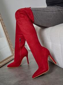 CUCCOO SZL Pointed Toe Slim Heel Thigh High Fashion Boots For Women For Christmas And New Year Holiday Valentines Valentine's Day Spring Shoes - Red - View 2