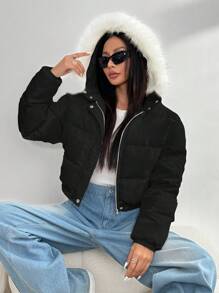 SHEIN EZwear 秋冬毛绒装饰连帽大衣 - 黑色 - 查看 1